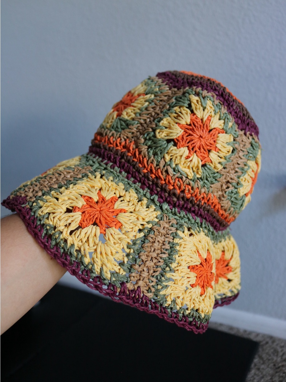 Peter Grimm Fergie Granny Square Crochet Straw Bucket Hat Festival Free People
